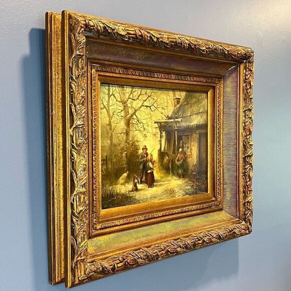 Vintage Oil Painting Panel with Large Wood & Gold Ornate Frame Little Musician - Picture 2 of 10